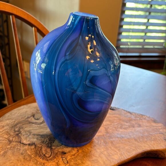 NEW Anthropologie Blue Swirl Glass Blown Asymmetrical Vase - Picture 1 of 9